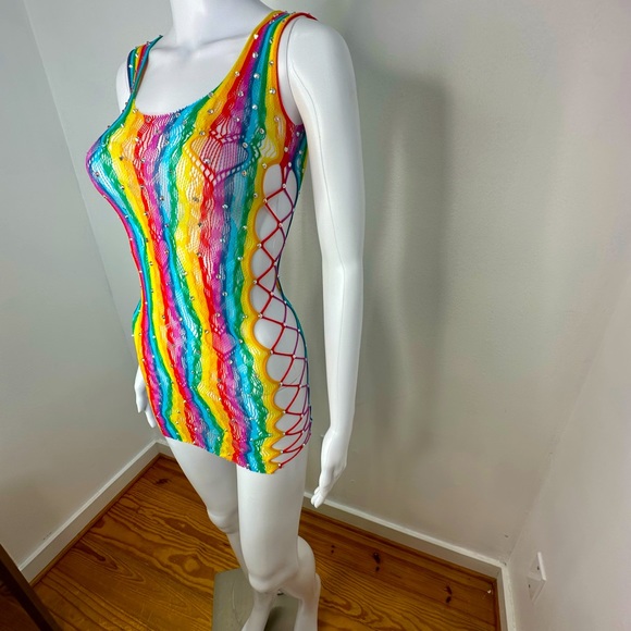 Dresses & Skirts - Rainbow Mesh Mini Dress with 🌈AB Rhinestones XS/S